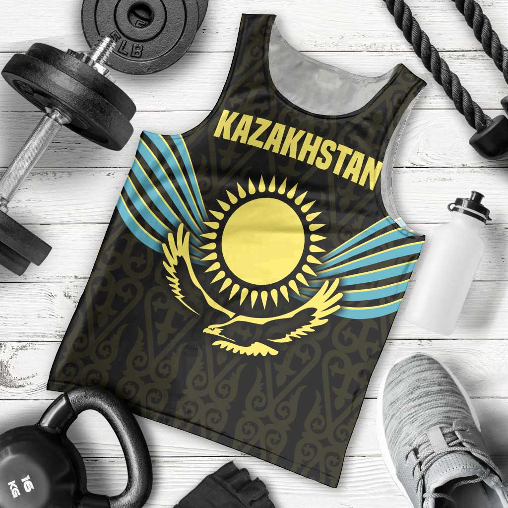 Kazakhstan National Emblem Men Tank Top with Black Tribal Pattern and Sun Eagle Motif
