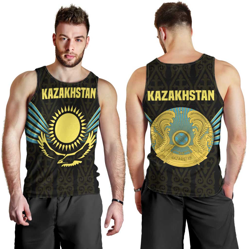 Kazakhstan National Emblem Men Tank Top with Black Tribal Pattern and Sun Eagle Motif
