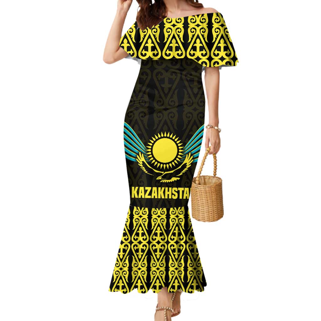 Kazakhstan National Emblem Mermaid Dress with Black Tribal Pattern and Sun Eagle Motif
