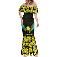 Kazakhstan National Emblem Mermaid Dress with Black Tribal Pattern and Sun Eagle Motif