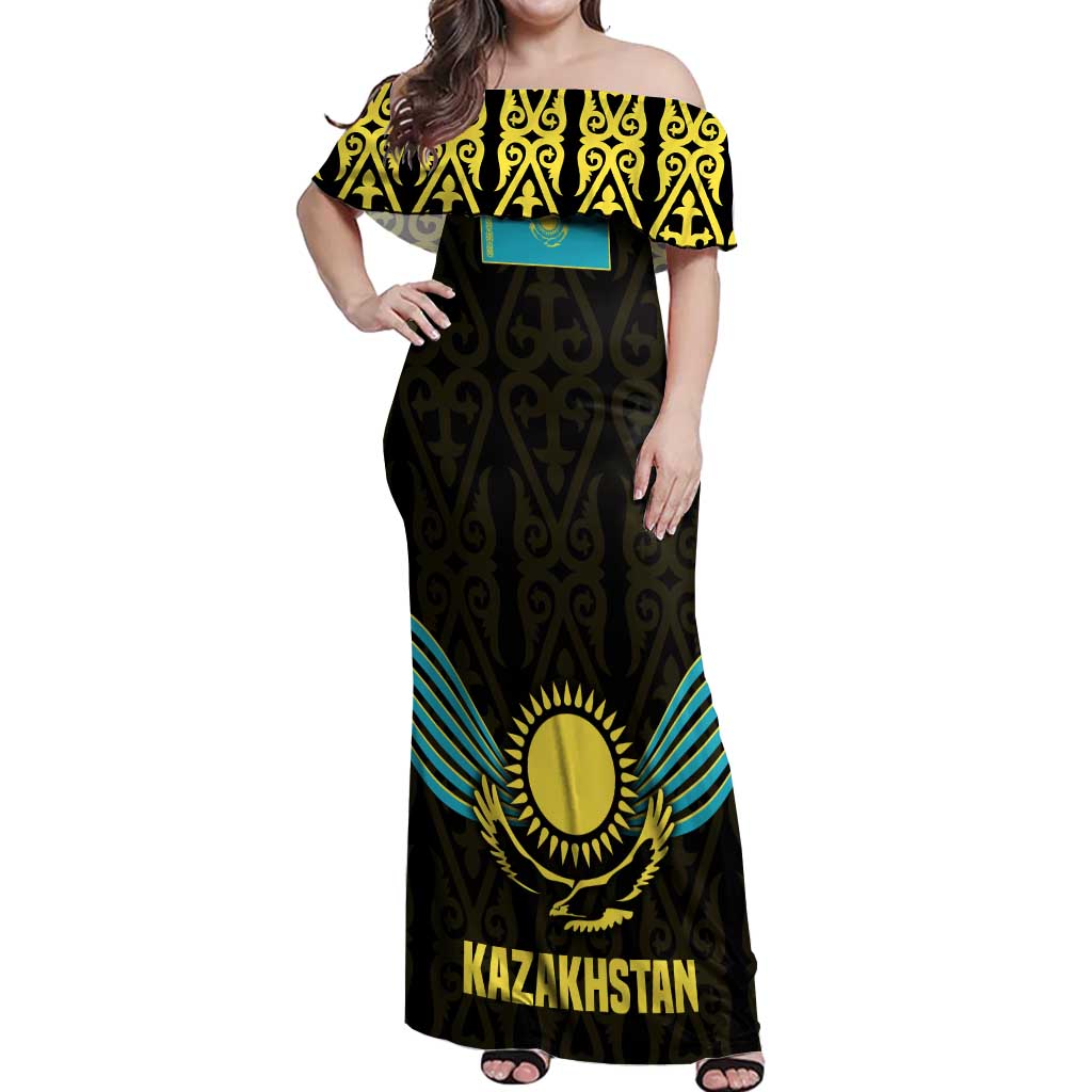Kazakhstan National Emblem Off Shoulder Maxi Dress with Black Tribal Pattern and Sun Eagle Motif