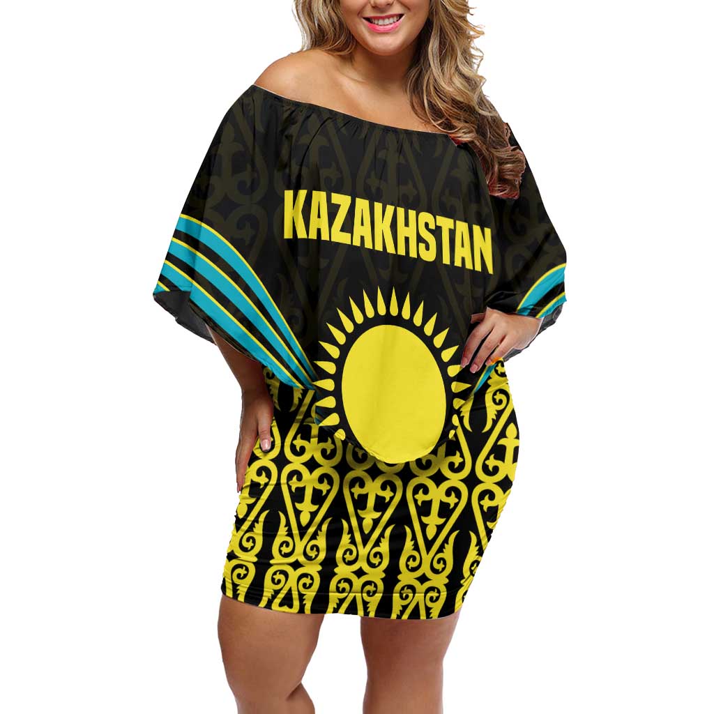 Kazakhstan National Emblem Off Shoulder Short Dress with Black Tribal Pattern and Sun Eagle Motif