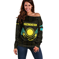 Kazakhstan National Emblem Off Shoulder Sweater with Black Tribal Pattern and Sun Eagle Motif