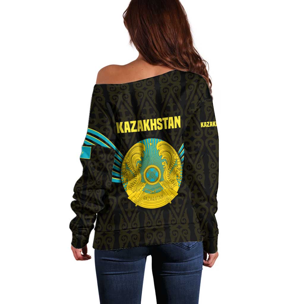 Kazakhstan National Emblem Off Shoulder Sweater with Black Tribal Pattern and Sun Eagle Motif