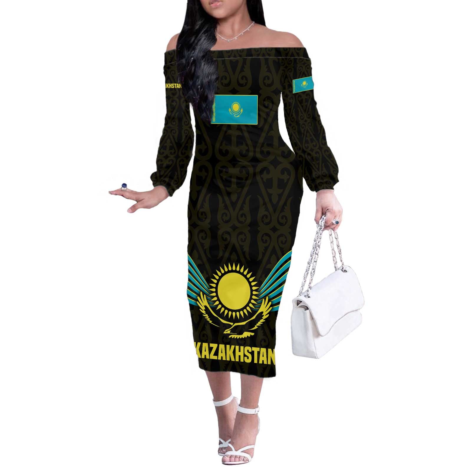 Kazakhstan National Emblem Off The Shoulder Long Sleeve Dress with Black Tribal Pattern and Sun Eagle Motif