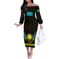 Kazakhstan National Emblem Off The Shoulder Long Sleeve Dress with Black Tribal Pattern and Sun Eagle Motif