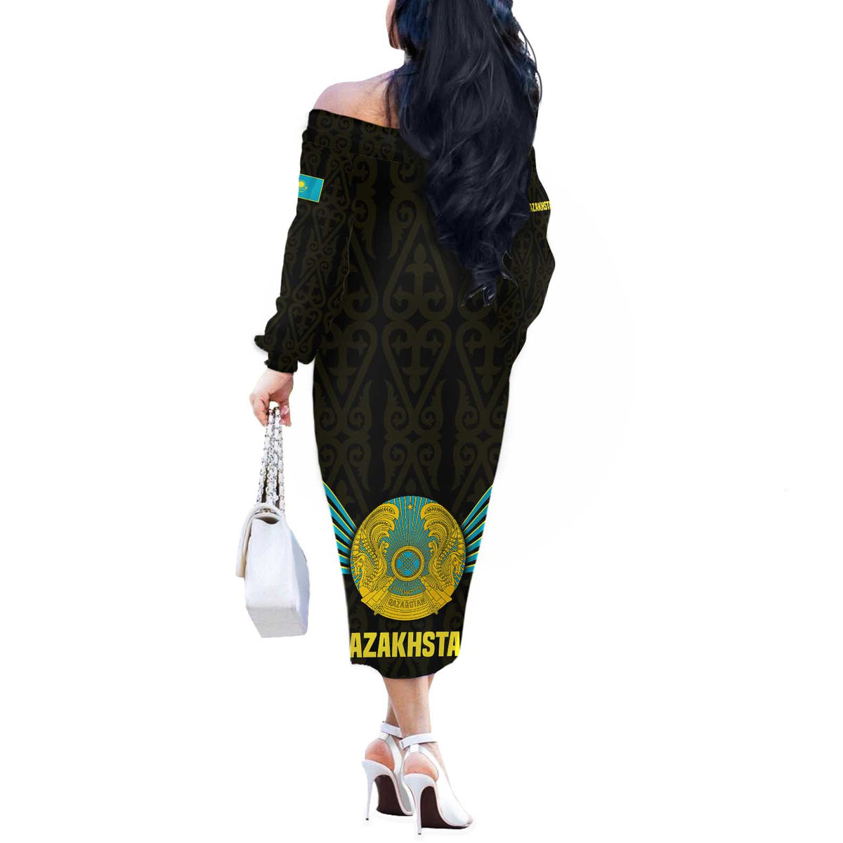 Kazakhstan National Emblem Off The Shoulder Long Sleeve Dress with Black Tribal Pattern and Sun Eagle Motif