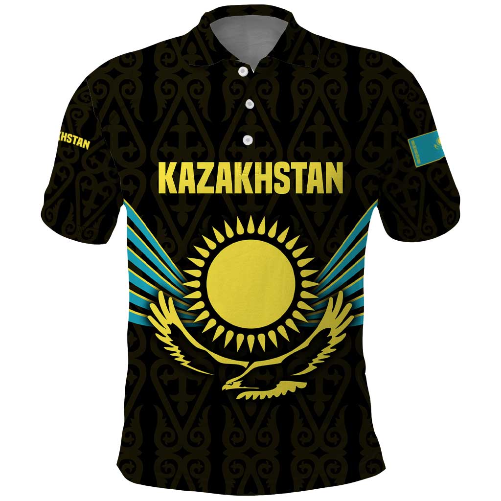 Kazakhstan National Emblem Polo Shirt with Black Tribal Pattern and Sun Eagle Motif