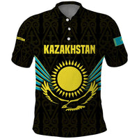 Kazakhstan National Emblem Polo Shirt with Black Tribal Pattern and Sun Eagle Motif