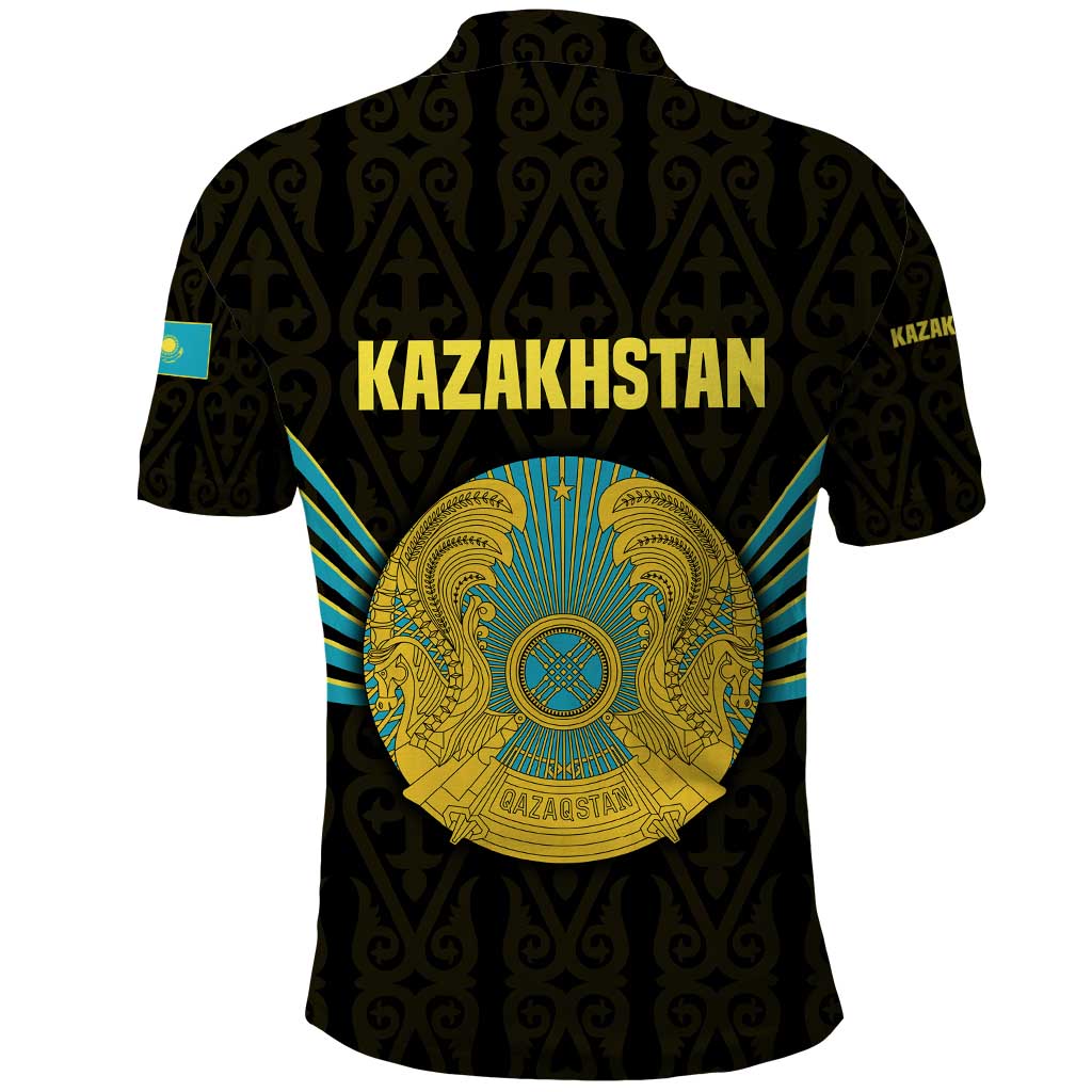 Kazakhstan National Emblem Polo Shirt with Black Tribal Pattern and Sun Eagle Motif