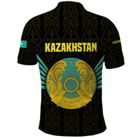 Kazakhstan National Emblem Polo Shirt with Black Tribal Pattern and Sun Eagle Motif