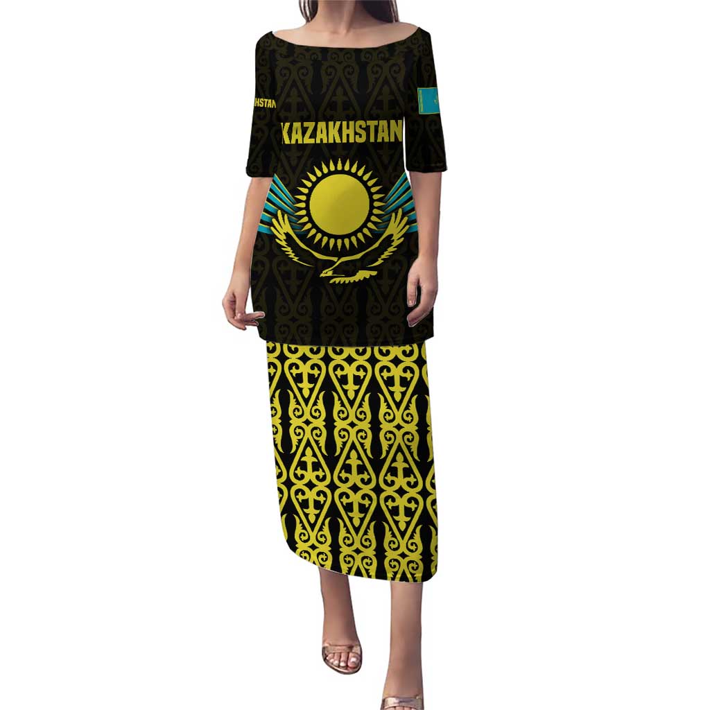 Kazakhstan National Emblem Puletasi with Black Tribal Pattern and Sun Eagle Motif