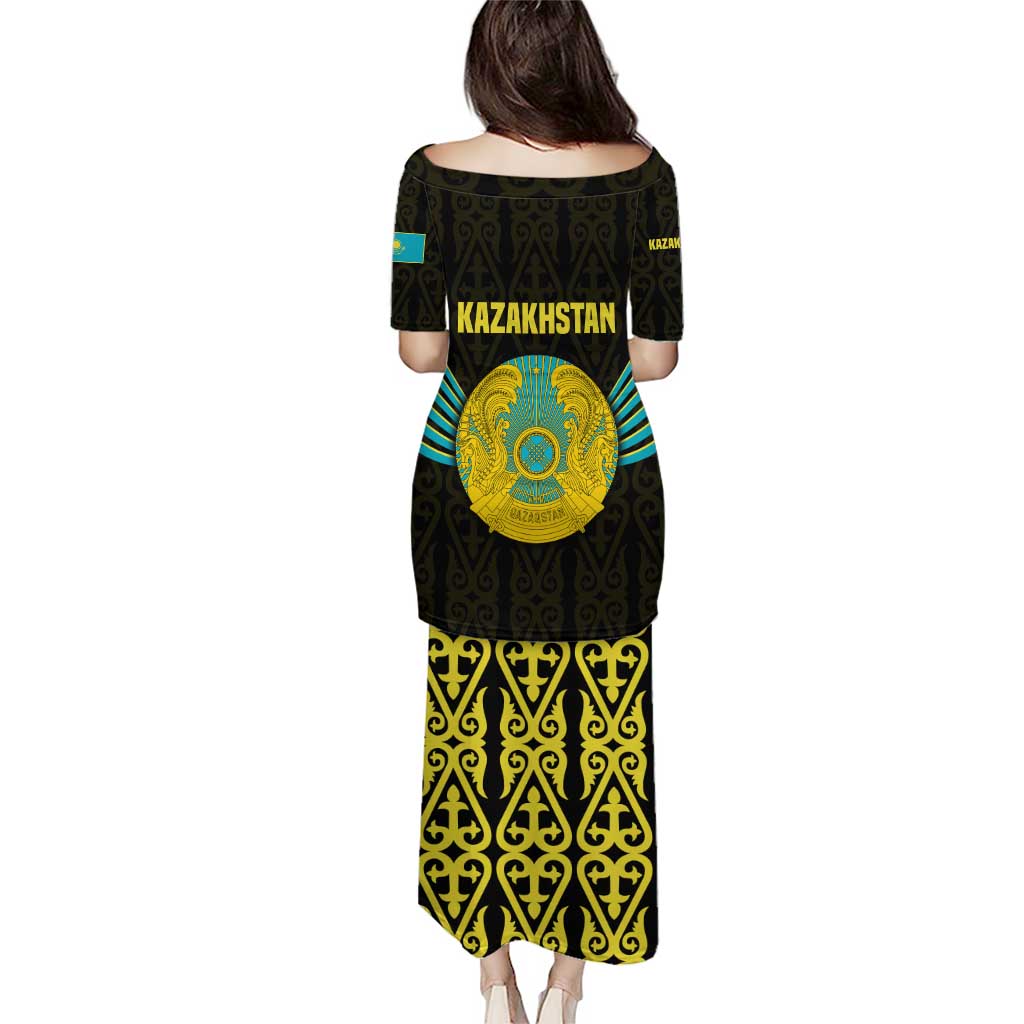 Kazakhstan National Emblem Puletasi with Black Tribal Pattern and Sun Eagle Motif