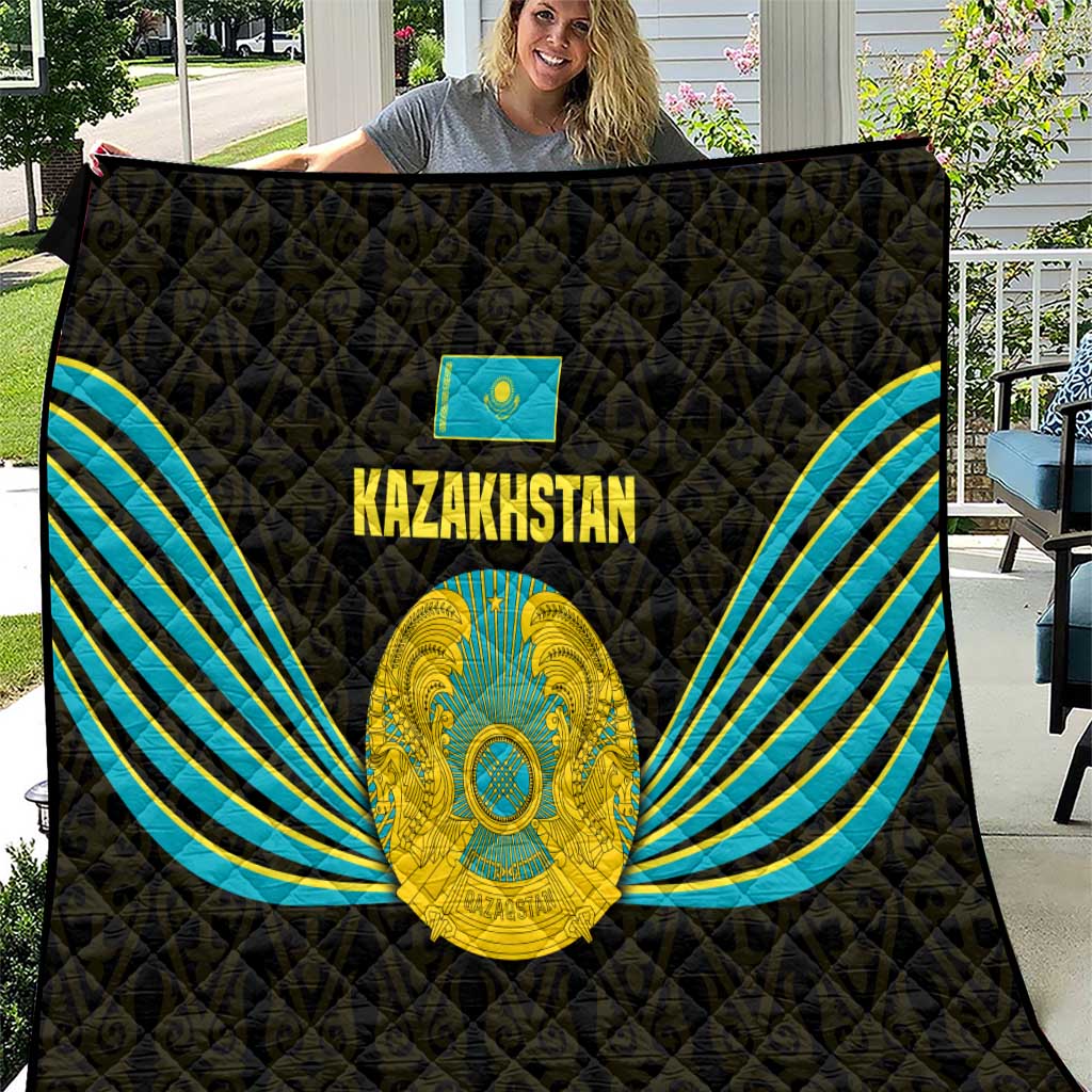 Kazakhstan National Emblem Quilt with Black Tribal Pattern and Sun Eagle Motif