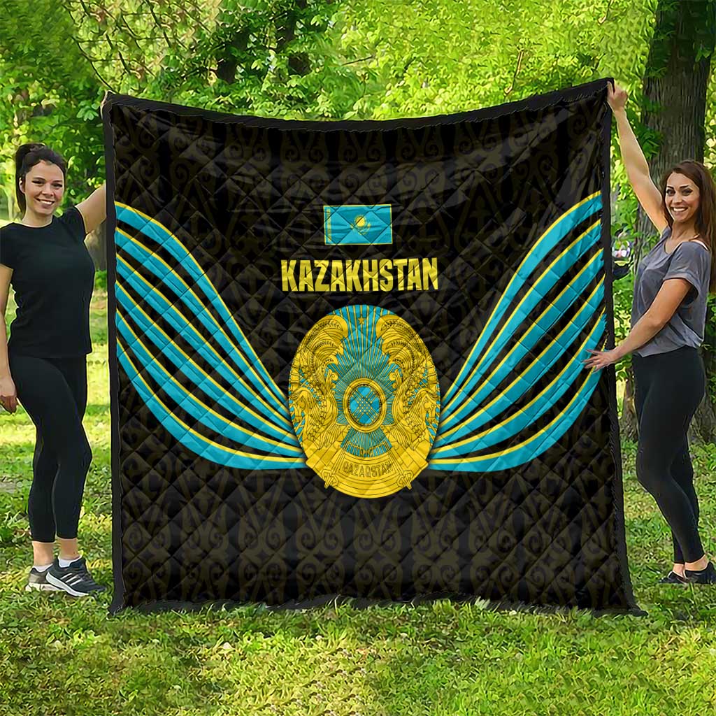 Kazakhstan National Emblem Quilt with Black Tribal Pattern and Sun Eagle Motif