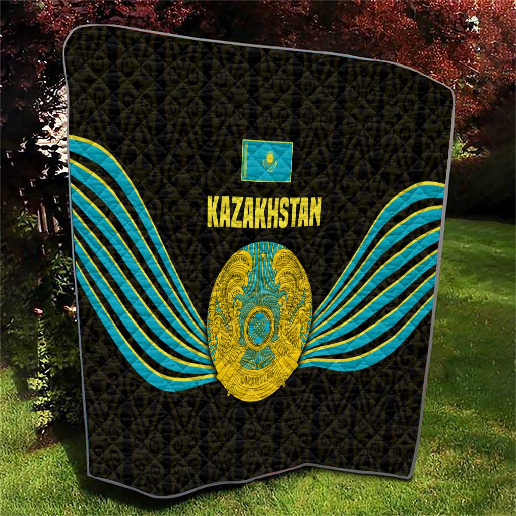 Kazakhstan National Emblem Quilt with Black Tribal Pattern and Sun Eagle Motif
