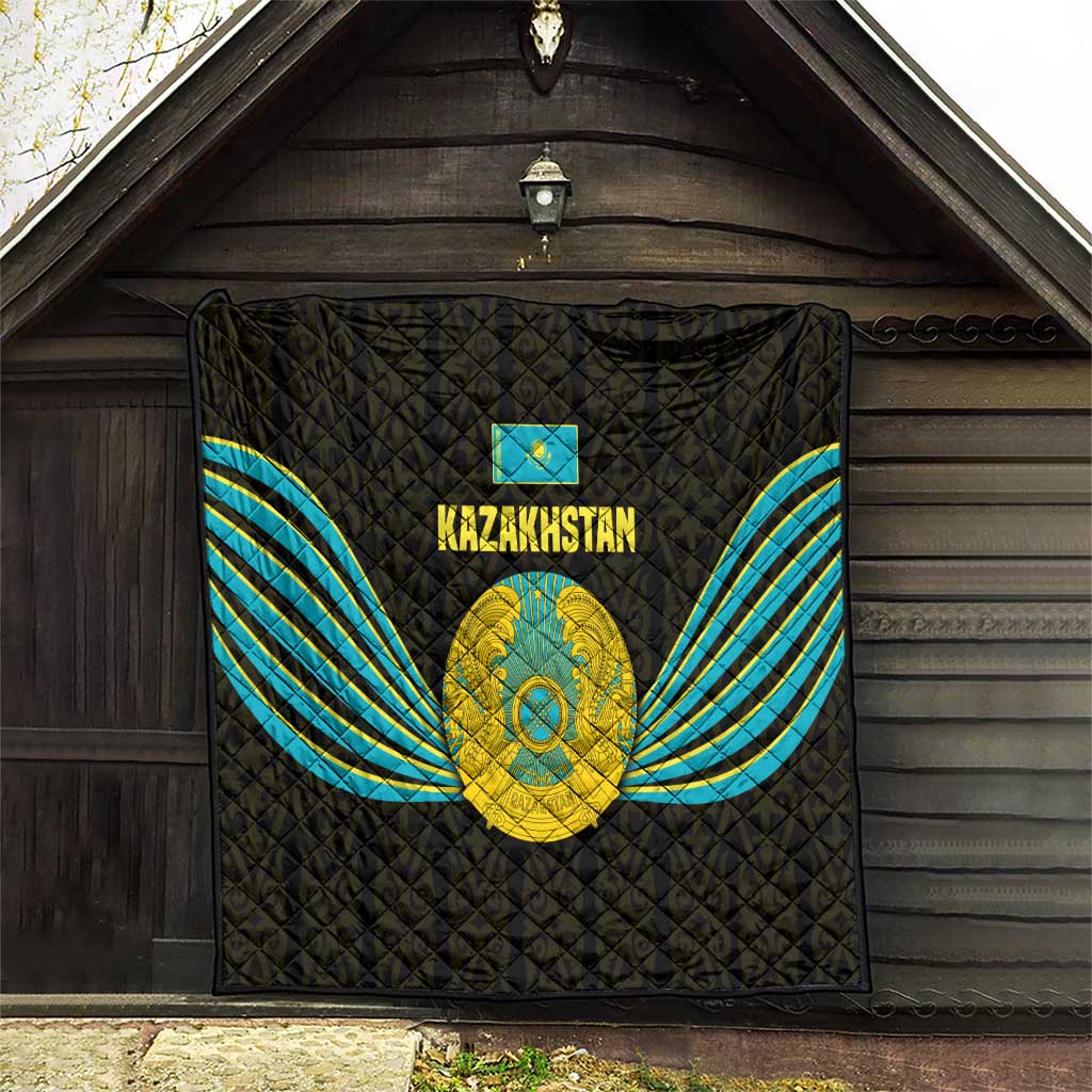 Kazakhstan National Emblem Quilt with Black Tribal Pattern and Sun Eagle Motif