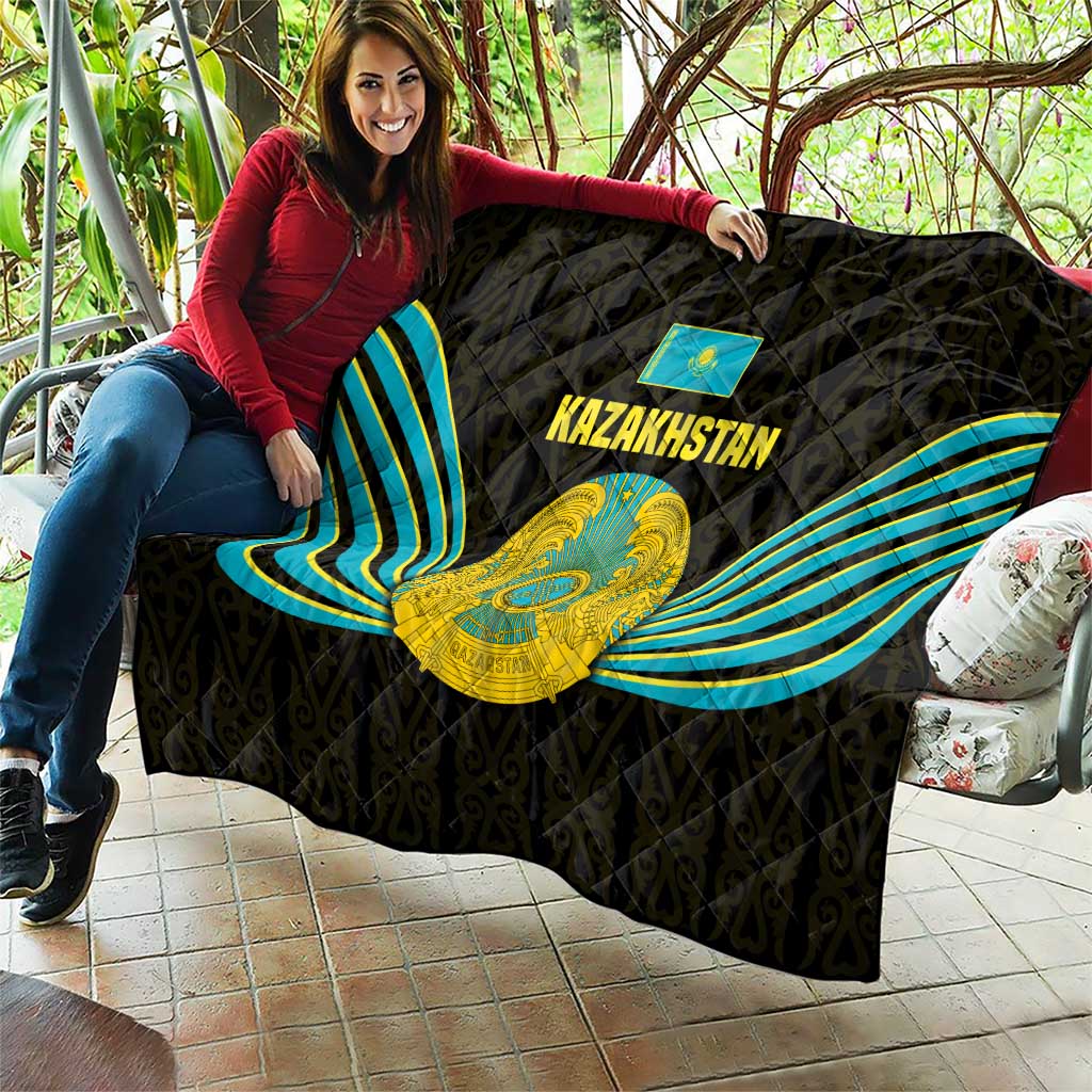 Kazakhstan National Emblem Quilt with Black Tribal Pattern and Sun Eagle Motif