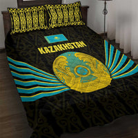 Kazakhstan National Emblem Quilt Bed Set with Black Tribal Pattern and Sun Eagle Motif