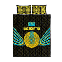 Kazakhstan National Emblem Quilt Bed Set with Black Tribal Pattern and Sun Eagle Motif