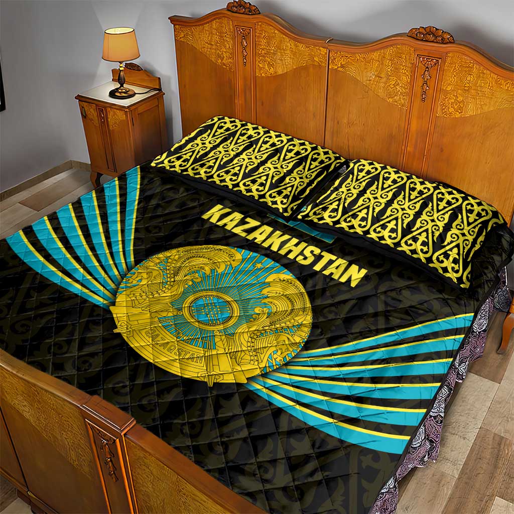Kazakhstan National Emblem Quilt Bed Set with Black Tribal Pattern and Sun Eagle Motif