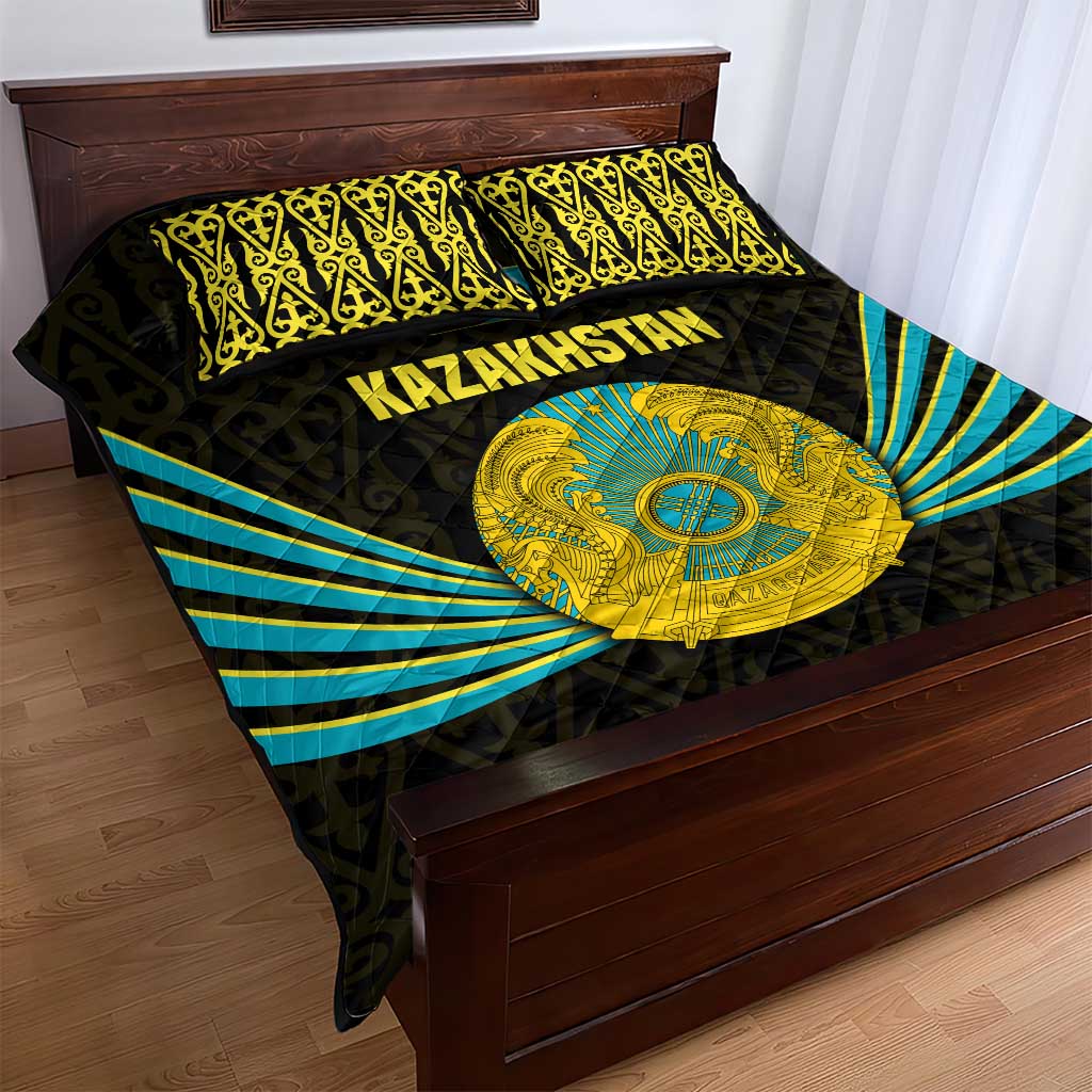 Kazakhstan National Emblem Quilt Bed Set with Black Tribal Pattern and Sun Eagle Motif