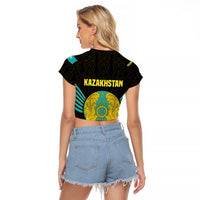 Kazakhstan National Emblem Raglan Cropped T Shirt with Black Tribal Pattern and Sun Eagle Motif