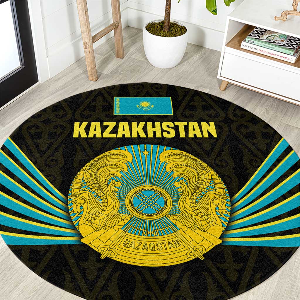 Kazakhstan National Emblem Round Carpet with Black Tribal Pattern and Sun Eagle Motif