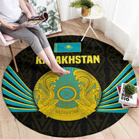 Kazakhstan National Emblem Round Carpet with Black Tribal Pattern and Sun Eagle Motif
