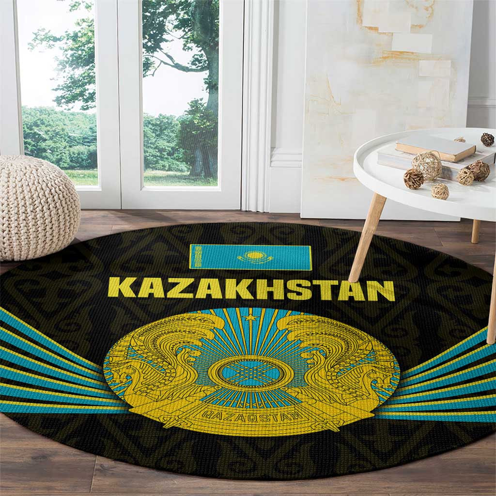 Kazakhstan National Emblem Round Carpet with Black Tribal Pattern and Sun Eagle Motif