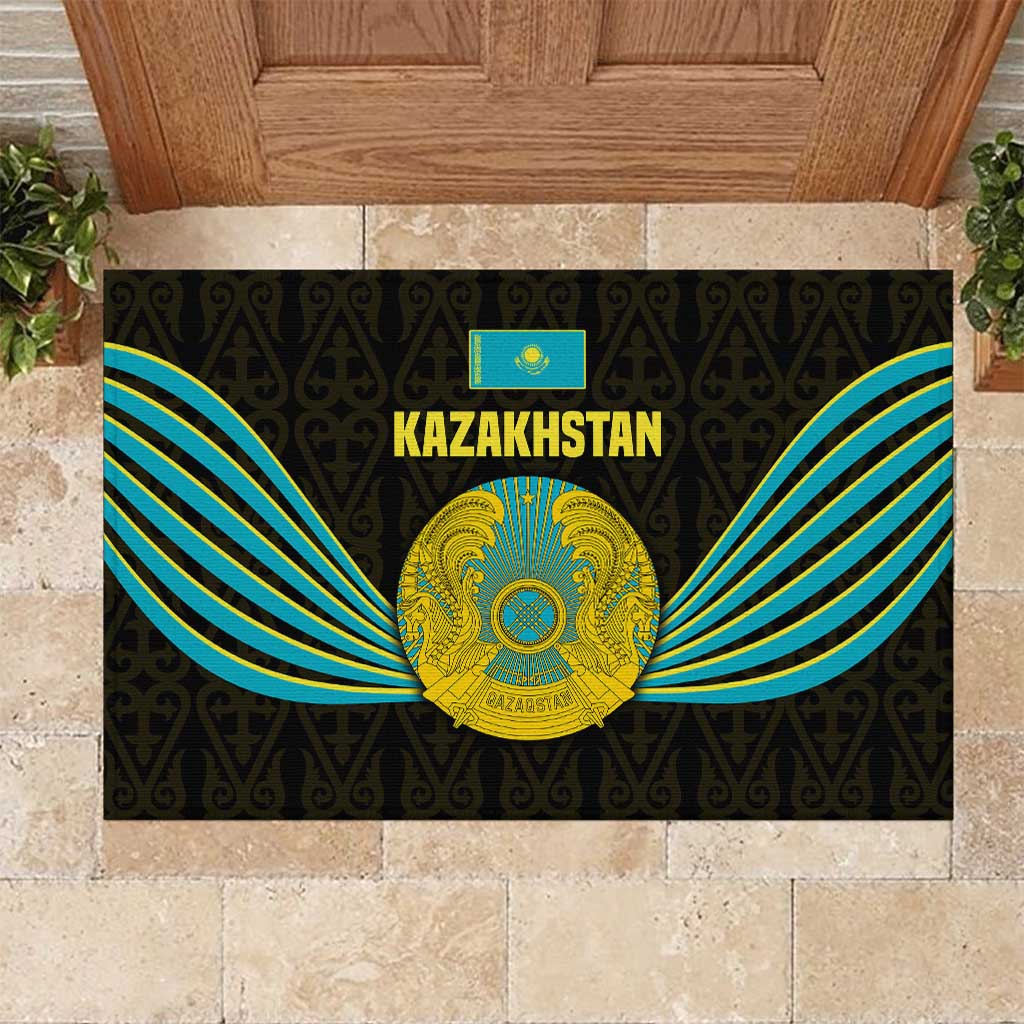 Kazakhstan National Emblem Rubber Doormat with Black Tribal Pattern and Sun Eagle Motif