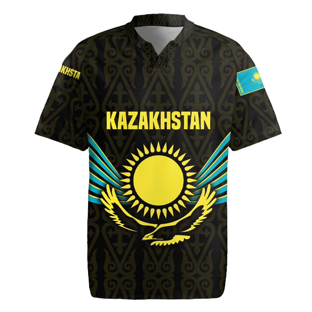 Kazakhstan National Emblem Rugby Jersey with Black Tribal Pattern and Sun Eagle Motif