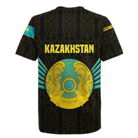 Kazakhstan National Emblem Rugby Jersey with Black Tribal Pattern and Sun Eagle Motif