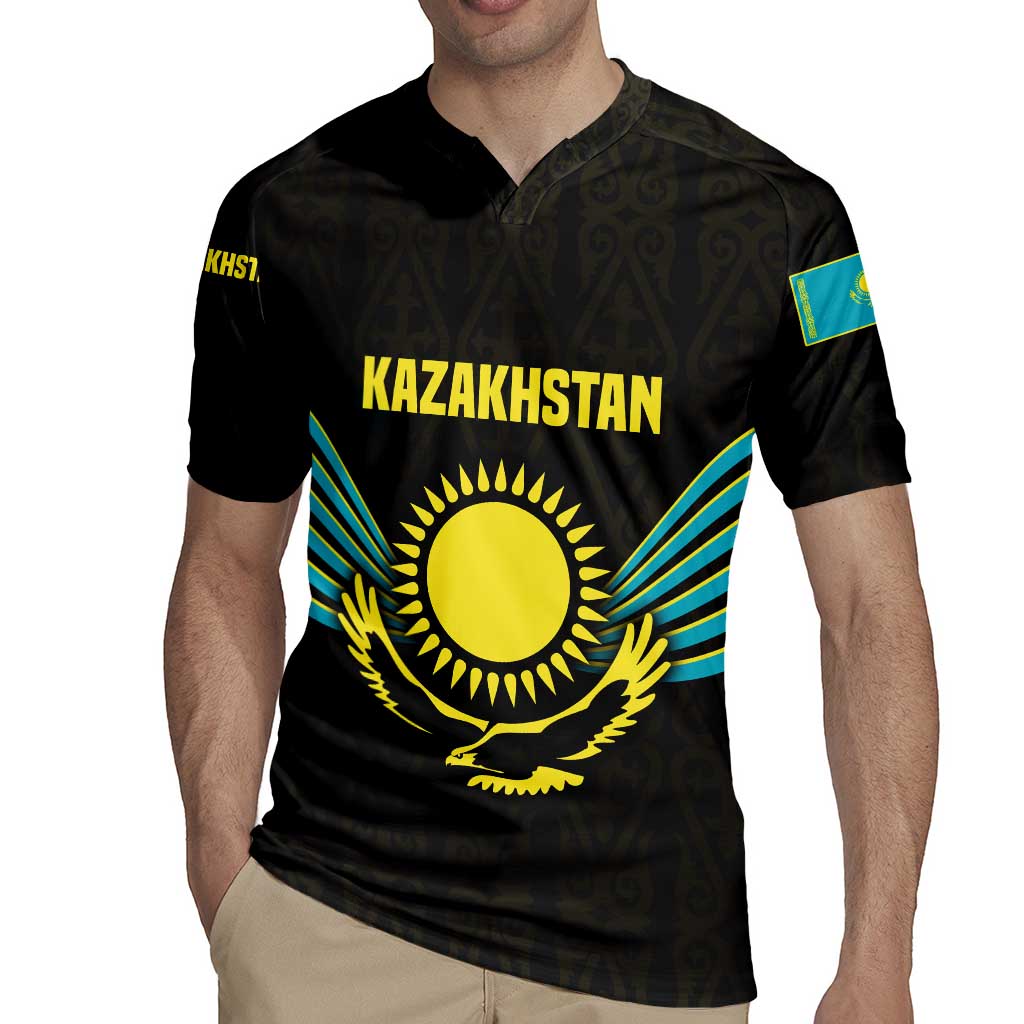 Kazakhstan National Emblem Rugby Jersey with Black Tribal Pattern and Sun Eagle Motif
