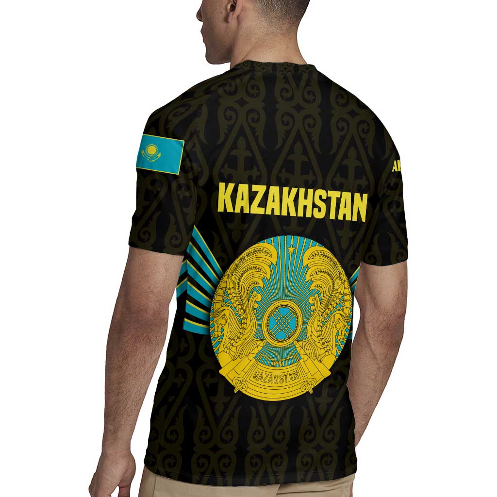 Kazakhstan National Emblem Rugby Jersey with Black Tribal Pattern and Sun Eagle Motif