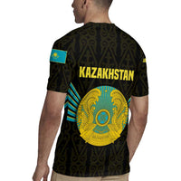 Kazakhstan National Emblem Rugby Jersey with Black Tribal Pattern and Sun Eagle Motif