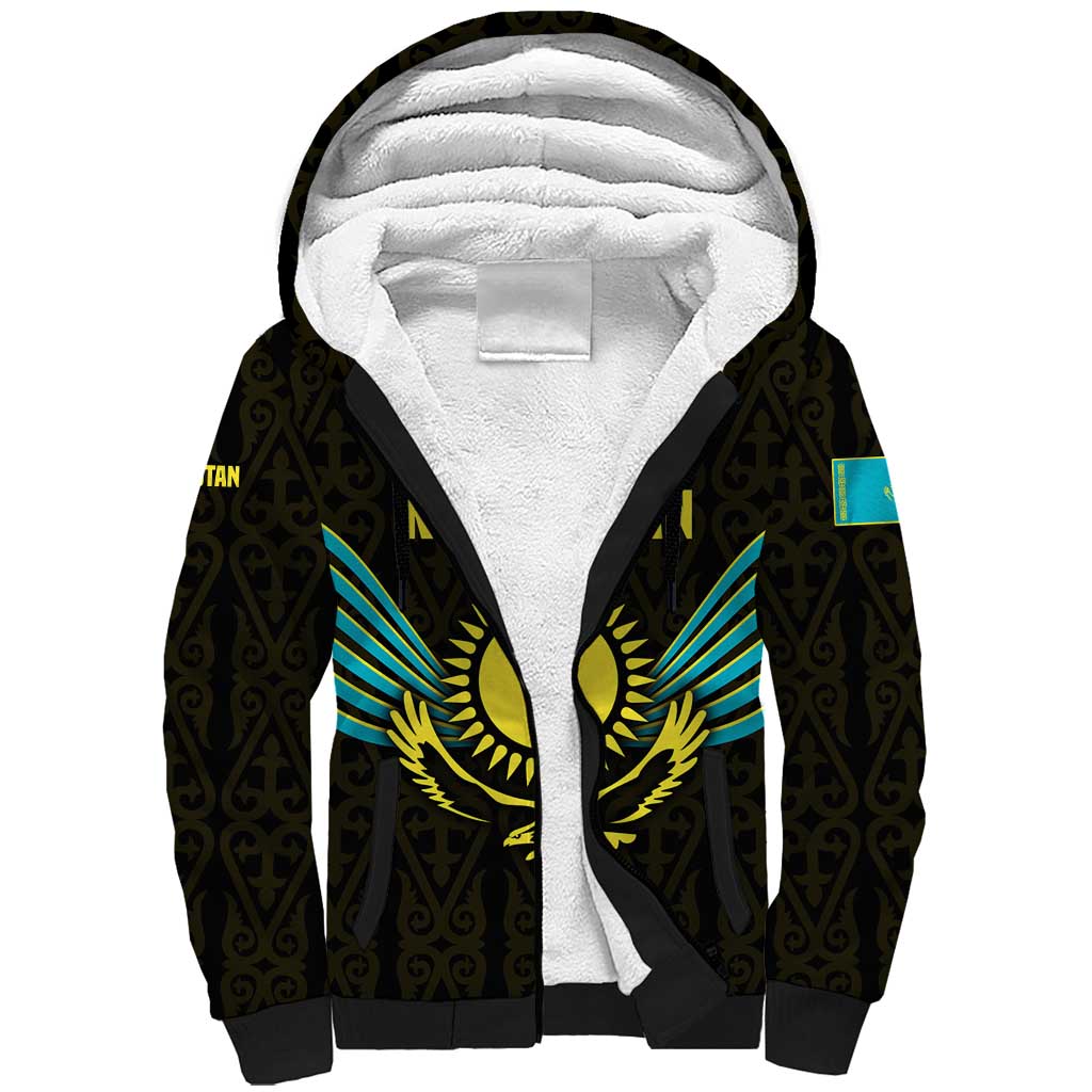 Kazakhstan National Emblem Sherpa Hoodie with Black Tribal Pattern and Sun Eagle Motif