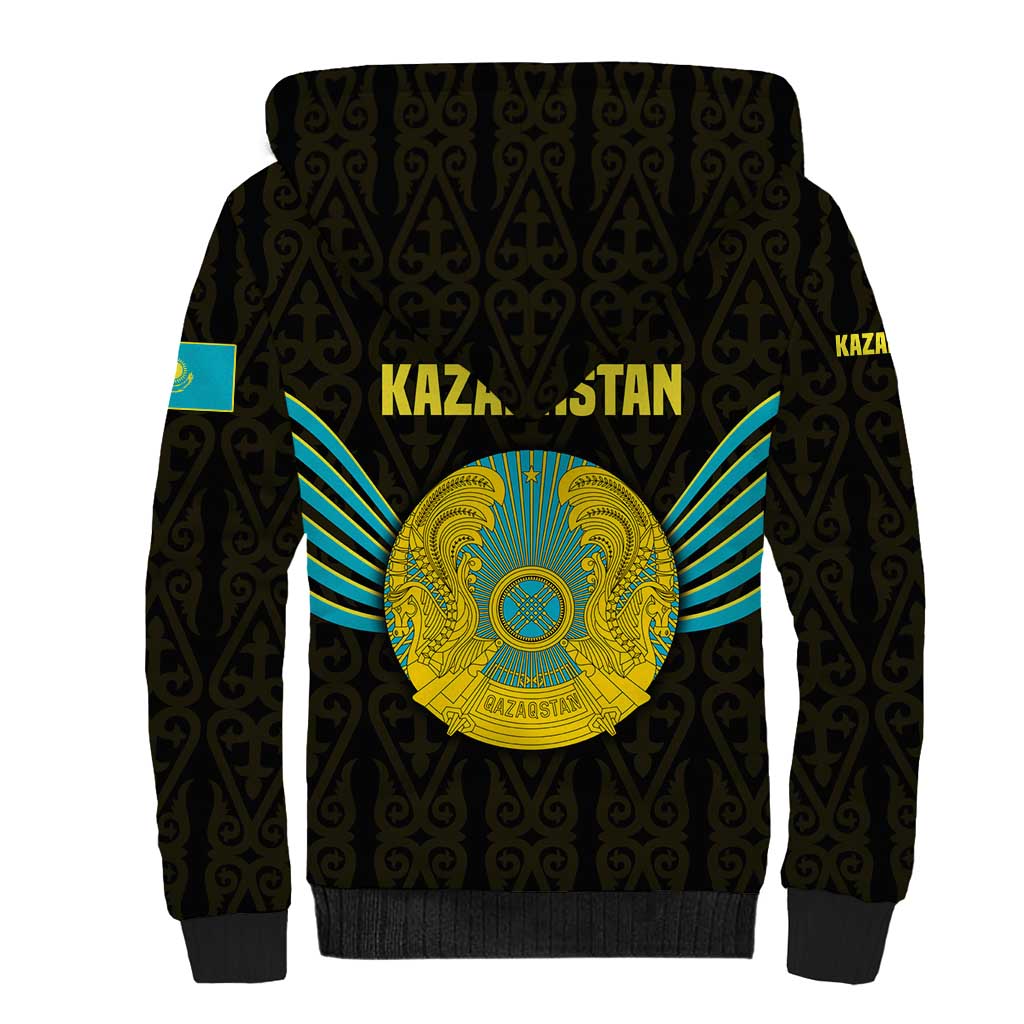 Kazakhstan National Emblem Sherpa Hoodie with Black Tribal Pattern and Sun Eagle Motif
