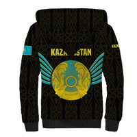 Kazakhstan National Emblem Sherpa Hoodie with Black Tribal Pattern and Sun Eagle Motif