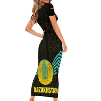 Kazakhstan National Emblem Short Sleeve Bodycon Dress with Black Tribal Pattern and Sun Eagle Motif