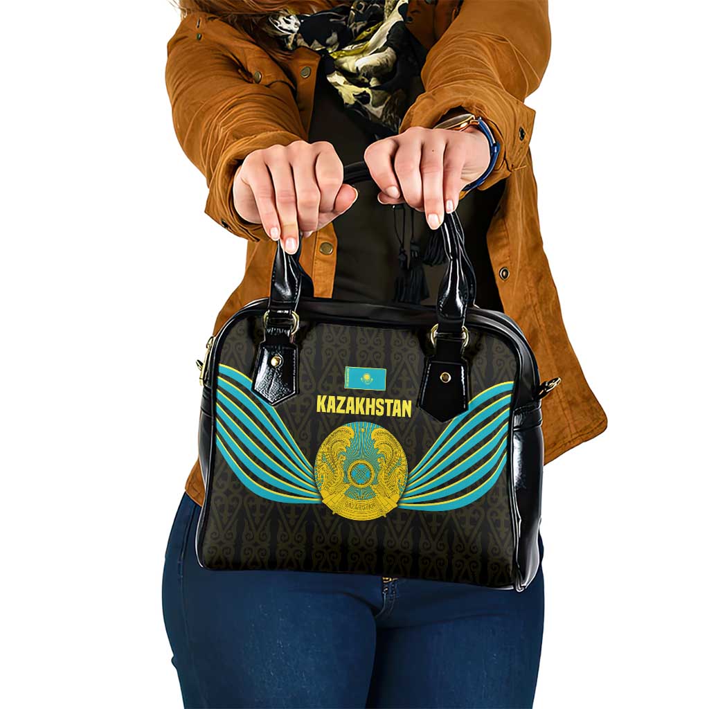 Kazakhstan National Emblem Shoulder Handbag with Black Tribal Pattern and Sun Eagle Motif