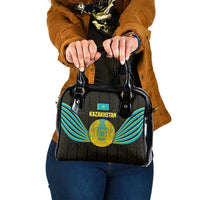Kazakhstan National Emblem Shoulder Handbag with Black Tribal Pattern and Sun Eagle Motif