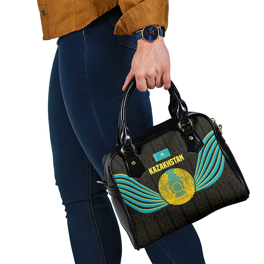Kazakhstan National Emblem Shoulder Handbag with Black Tribal Pattern and Sun Eagle Motif