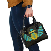Kazakhstan National Emblem Shoulder Handbag with Black Tribal Pattern and Sun Eagle Motif
