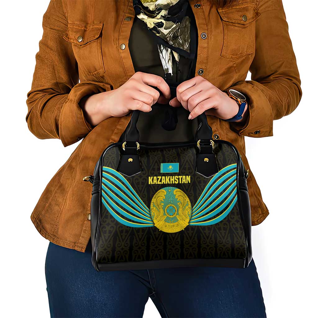 Kazakhstan National Emblem Shoulder Handbag with Black Tribal Pattern and Sun Eagle Motif