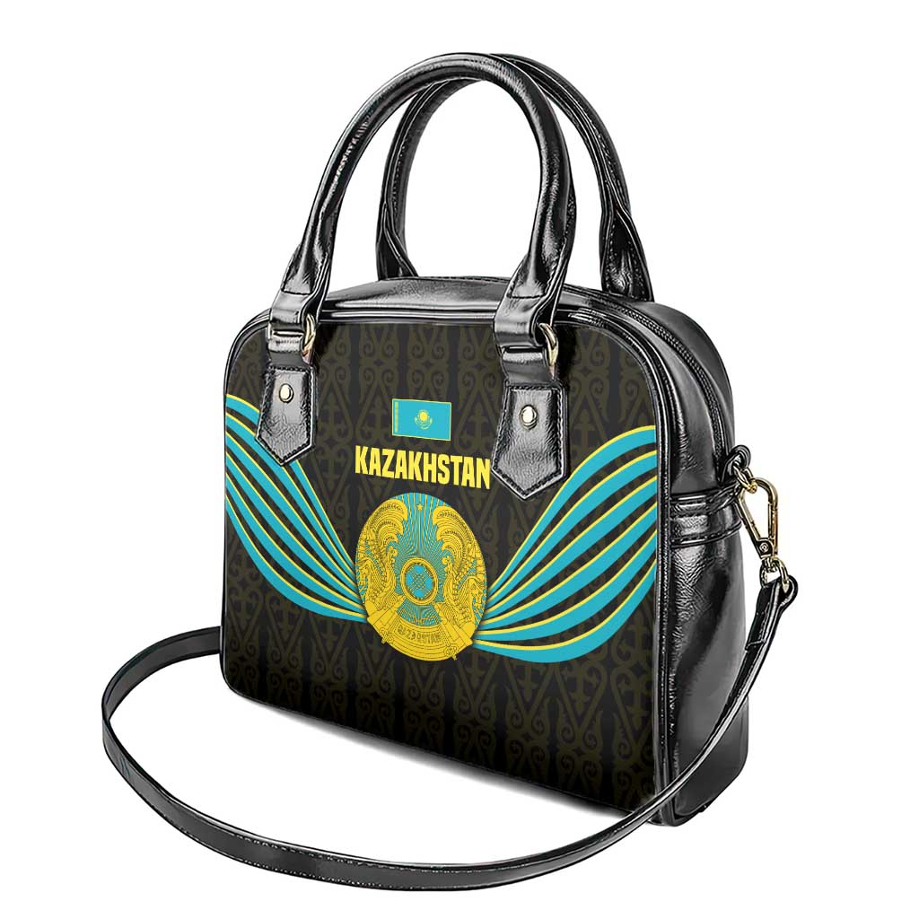 Kazakhstan National Emblem Shoulder Handbag with Black Tribal Pattern and Sun Eagle Motif