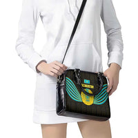Kazakhstan National Emblem Shoulder Handbag with Black Tribal Pattern and Sun Eagle Motif