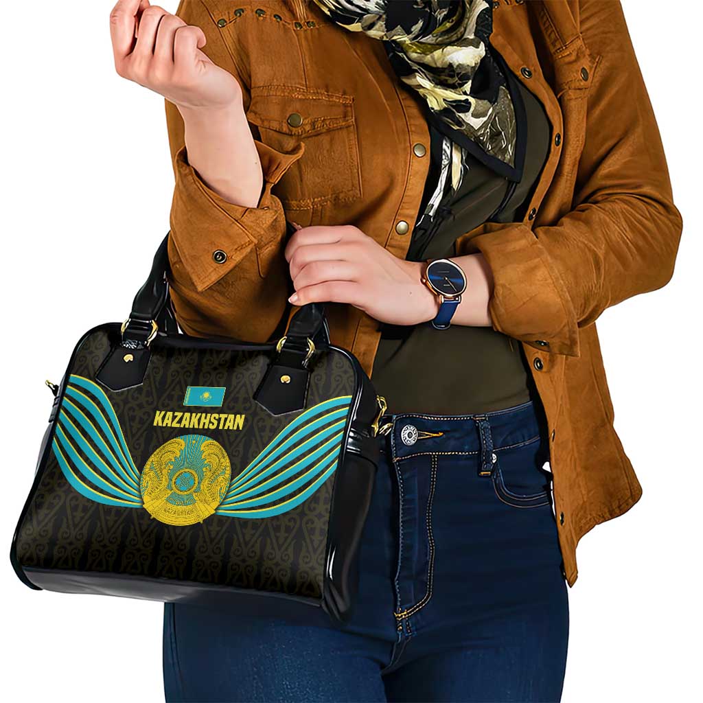Kazakhstan National Emblem Shoulder Handbag with Black Tribal Pattern and Sun Eagle Motif