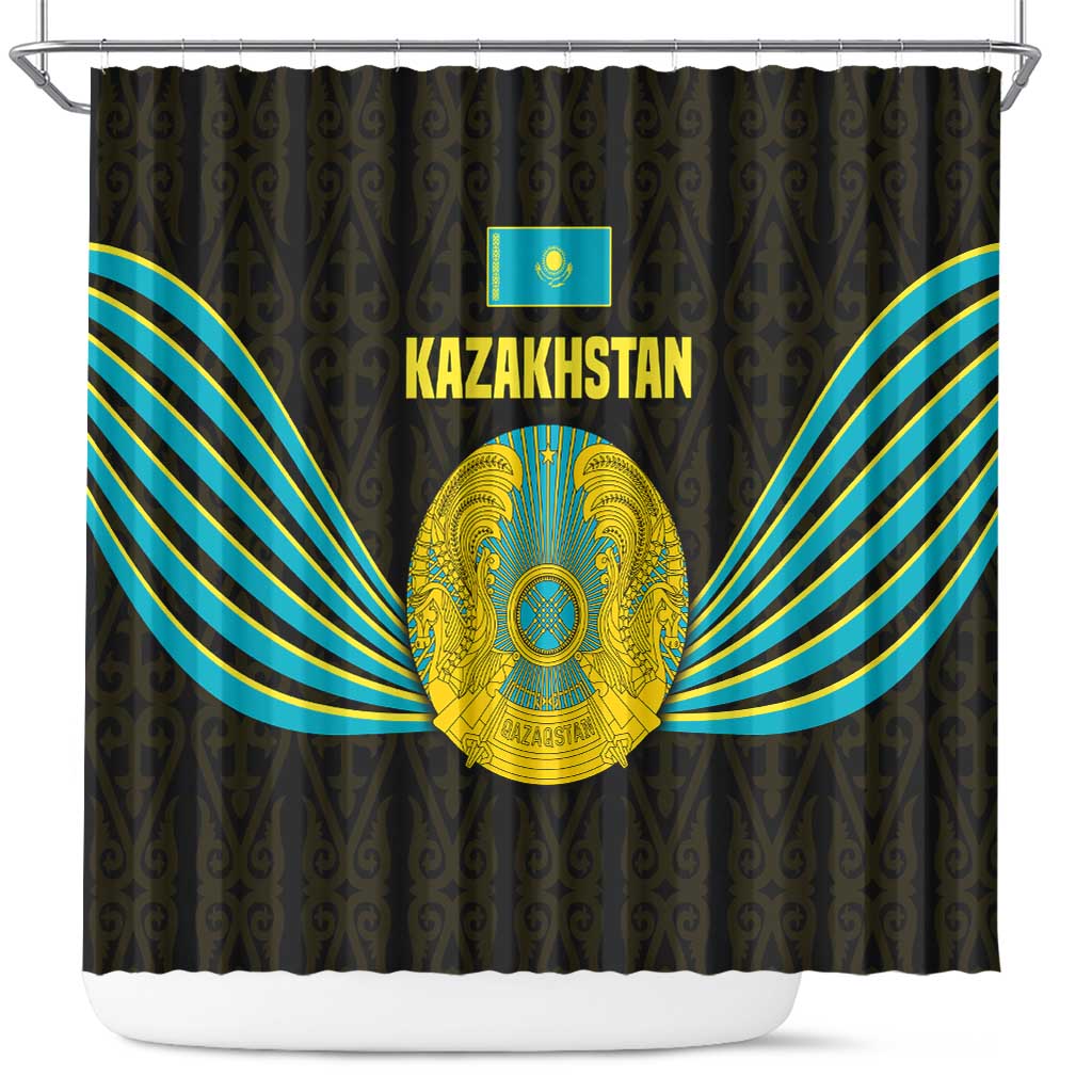 Kazakhstan National Emblem Shower Curtain with Black Tribal Pattern and Sun Eagle Motif