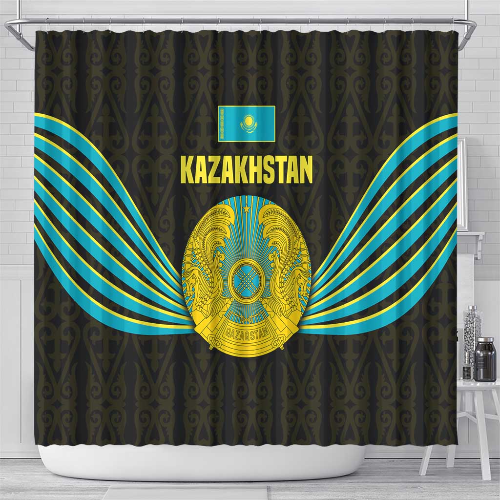 Kazakhstan National Emblem Shower Curtain with Black Tribal Pattern and Sun Eagle Motif
